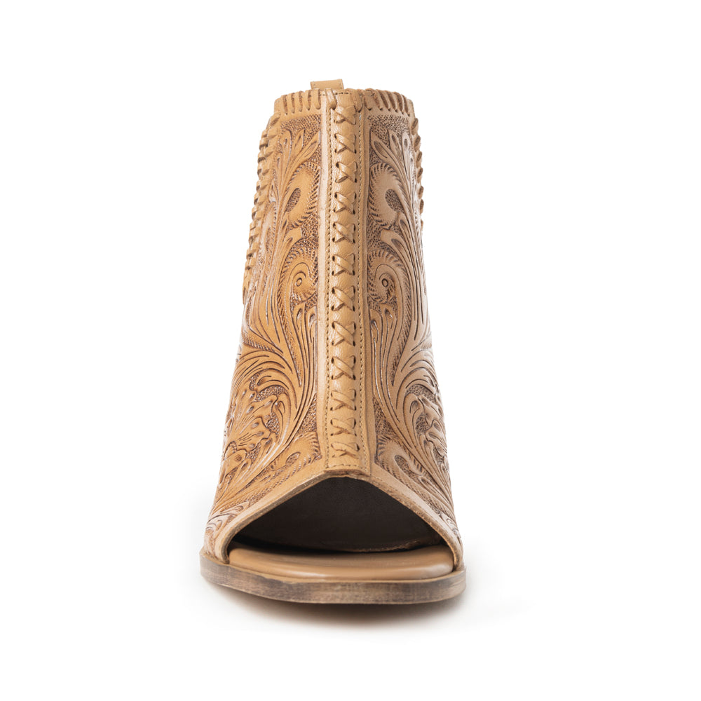 Myra Persimmonee Embossed Leather Heels for Women â€“ Open Toe, Mid Block Heel, Western Cowgirl Fashion for Rodeo Evenings