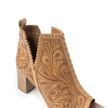Myra Persimmonee Embossed Leather Heels for Women â€“ Open Toe, Mid Block Heel, Western Cowgirl Fashion for Rodeo Evenings
