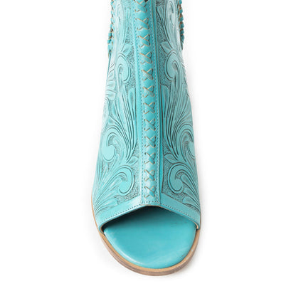 Myra Persimmonee Embossed Leather Heels for Women – Open Toe, Mid Block Heel, Western Cowgirl Fashion for Rodeo Evenings