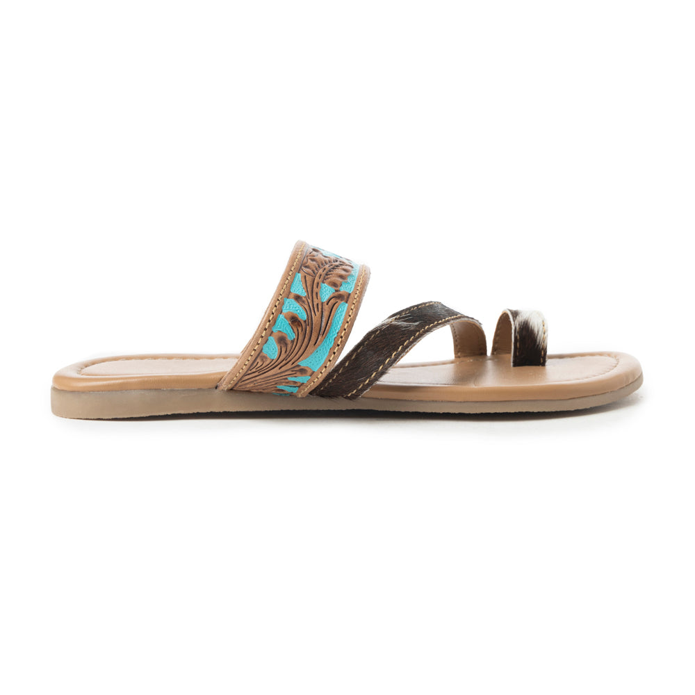 Myra LaDonna Trail Handtooled Sandals for Women â€“ Azure Western Hairon Slip-Ons for Ranch Days & Rodeo Nights