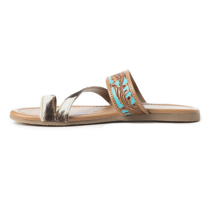 Myra LaDonna Trail Handtooled Sandals for Women â€“ Azure Western Hairon Slip-Ons for Ranch Days & Rodeo Nights