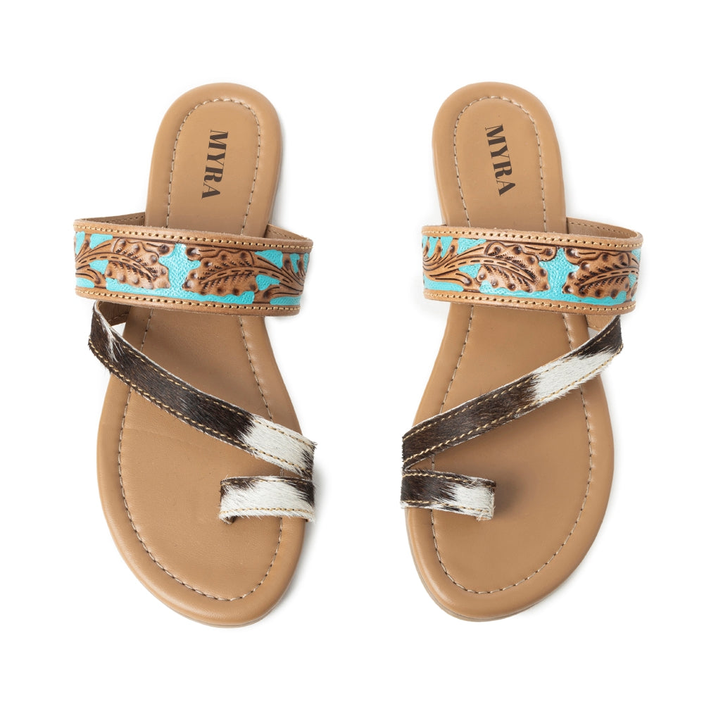 Myra LaDonna Trail Handtooled Sandals for Women â€“ Azure Western Hairon Slip-Ons for Ranch Days & Rodeo Nights