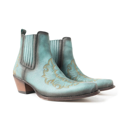 Myra Dearling Ranch Embossed Leather Booties for Women – Western Low Block Heels, Cowgirl Pointed Toe Design for Rodeo & Casual Wear