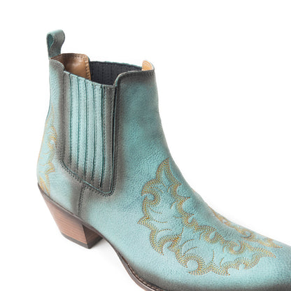 Myra Dearling Ranch Embossed Leather Booties for Women – Western Low Block Heels, Cowgirl Pointed Toe Design for Rodeo & Casual Wear