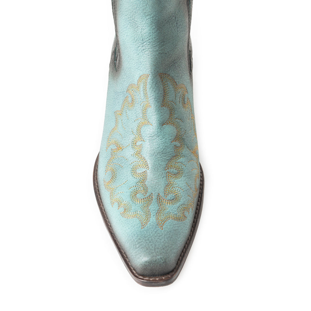 Myra Dearling Ranch Embossed Leather Booties for Women – Western Low Block Heels, Cowgirl Pointed Toe Design for Rodeo & Casual Wear