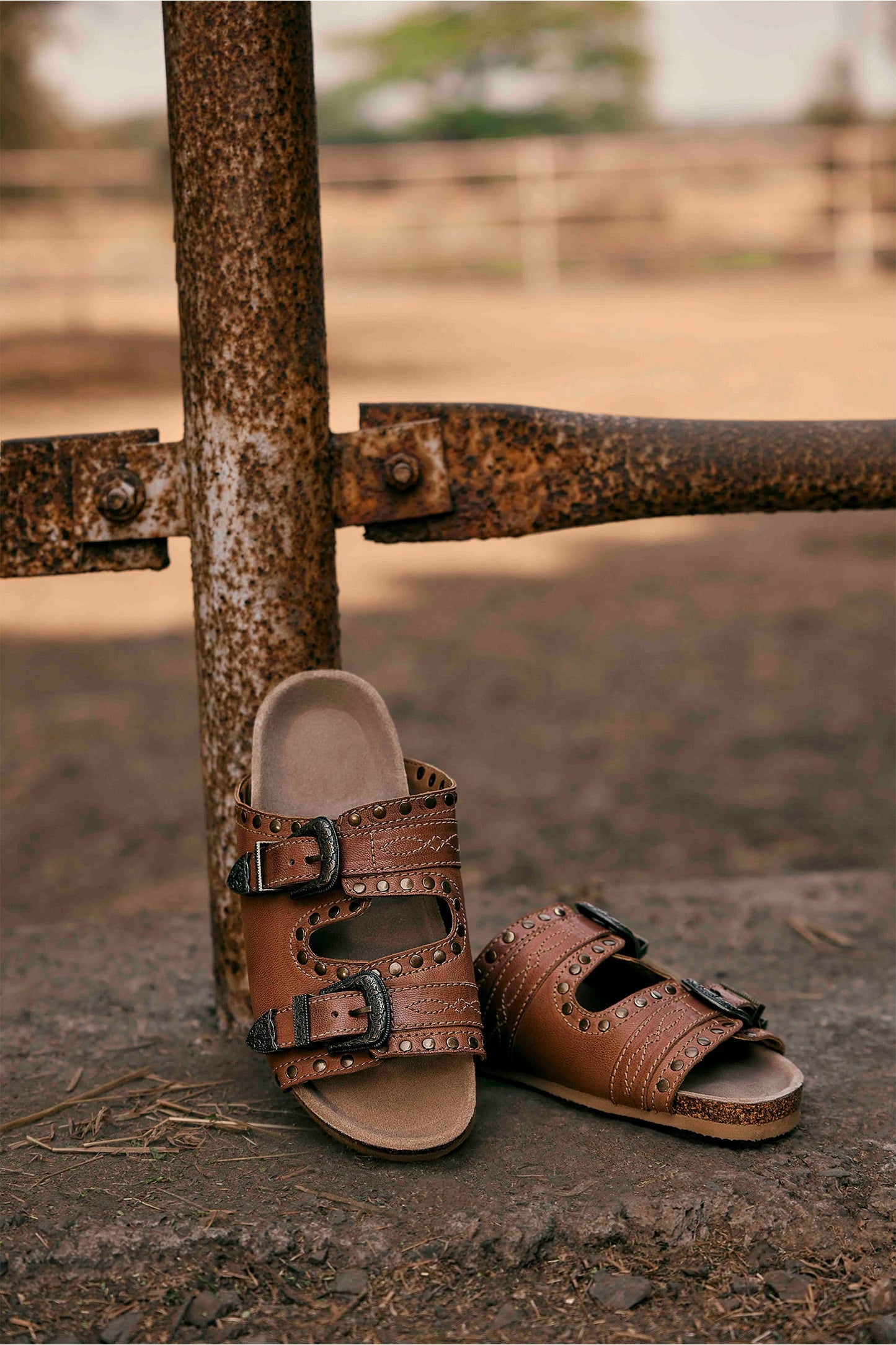 Myra Great Sonora Sunset Studded Leather Sandals for Women – Cork Sole, Antique Brass Dual Buckles for All-Day Comfort