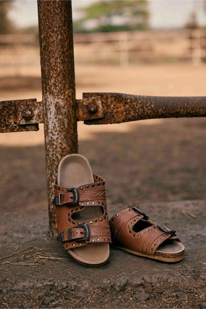 Myra Great Sonora Sunset Studded Leather Sandals for Women – Cork Sole, Antique Brass Dual Buckles for All-Day Comfort