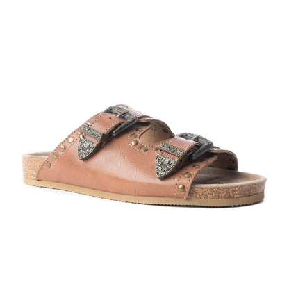Myra Great Sonora Sunset Studded Leather Sandals for Women – Cork Sole, Antique Brass Dual Buckles for All-Day Comfort