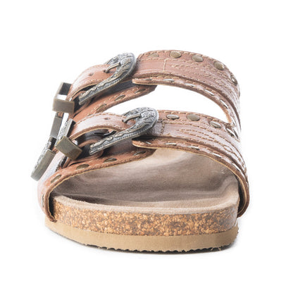 Myra Great Sonora Sunset Studded Leather Sandals for Women – Cork Sole, Antique Brass Dual Buckles for All-Day Comfort