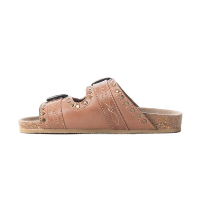 Myra Great Sonora Sunset Studded Leather Sandals for Women – Cork Sole, Antique Brass Dual Buckles for All-Day Comfort