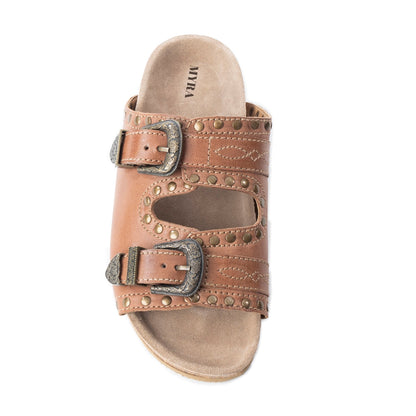 Myra Great Sonora Sunset Studded Leather Sandals for Women – Cork Sole, Antique Brass Dual Buckles for All-Day Comfort