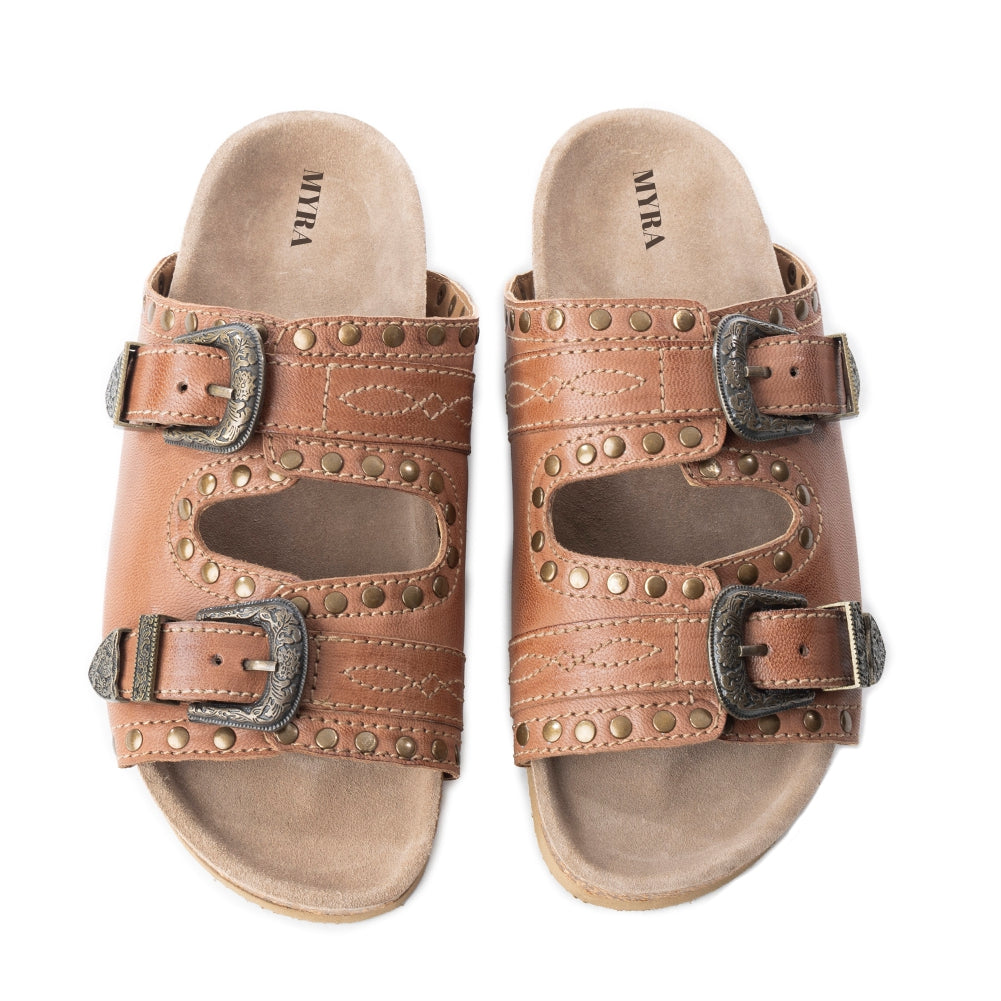 Myra Great Sonora Sunset Studded Leather Sandals for Women – Cork Sole, Antique Brass Dual Buckles for All-Day Comfort