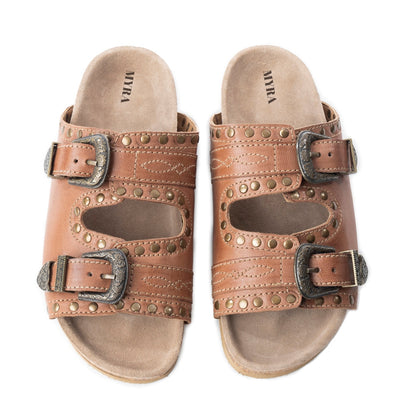 Myra Great Sonora Sunset Studded Leather Sandals for Women – Cork Sole, Antique Brass Dual Buckles for All-Day Comfort