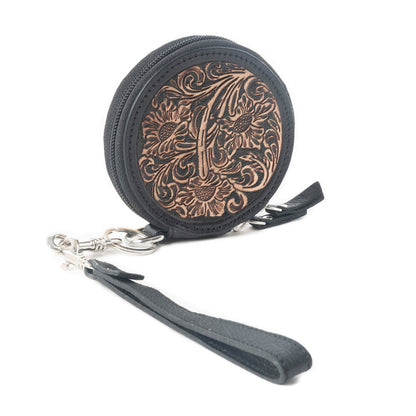 Botanic Bliss Handtooled Leather Coin Pouch in Golden Tan