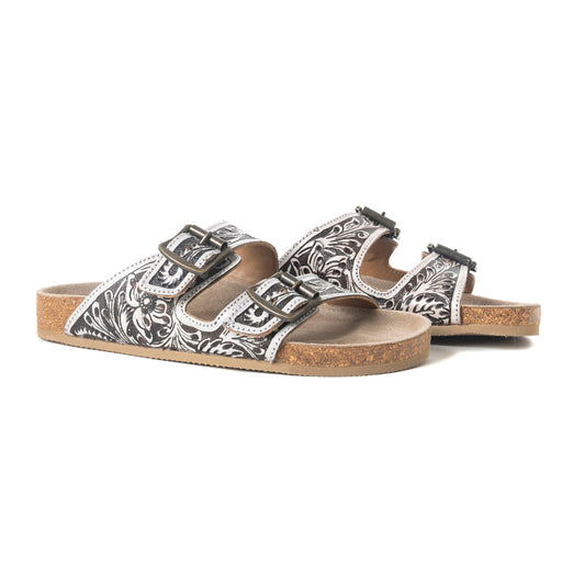 Mesa Scroll Handtooled Sandals in Black & White