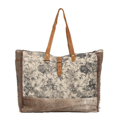 Myra Floweret Weekender Bag for Women – Floral Printed Front, Buckle Closure, Fringed Edges for Travel Chic