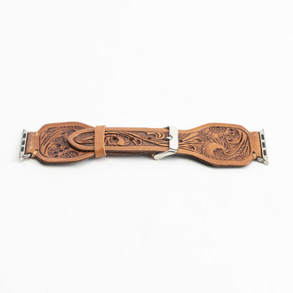 Lone Star Handtooled Leather Watch Band in Antique Saddle Brown