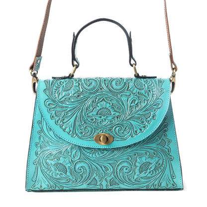 Savannah Scroll Handtooled Leather Bag in Turquoise