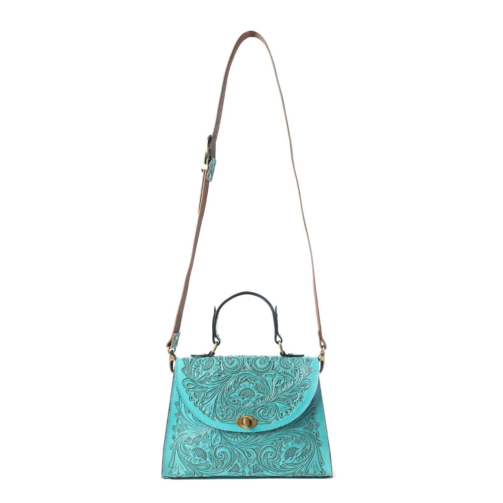 Savannah Scroll Handtooled Leather Bag in Turquoise