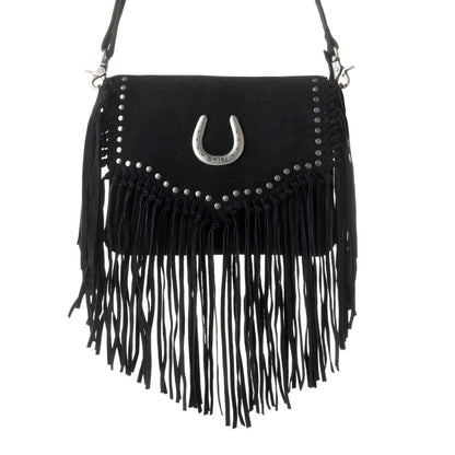 Myra Lucky Charm Leather Bag for Women in black with fringe and horseshoe detail
