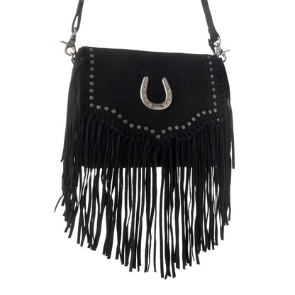 Myra Lucky Charm Leather Bag for Women in black with fringe and horseshoe detail