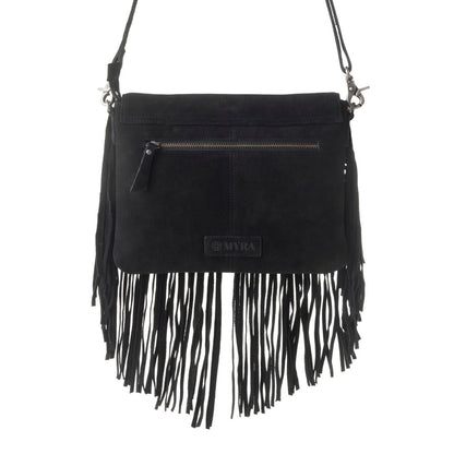 Myra Lucky Charm Leather Bag for Women in black with fringe and horseshoe detail