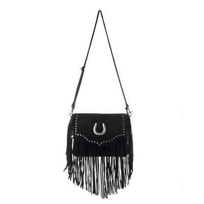 Myra Lucky Charm Leather Bag for Women in black with fringe and horseshoe detail