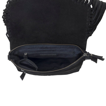 Myra Lucky Charm Leather Bag for Women in black with fringe and horseshoe detail