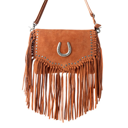 Myra Lucky Charm Leather Bag for Women in Brown with fringe and horseshoe detail