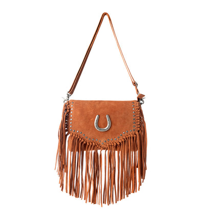 Myra Lucky Charm Leather Bag for Women in Brown with fringe and horseshoe detail