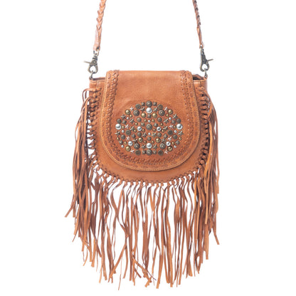 Myra Festival Ember Studded Leather Bag with Fringes in Western Clay