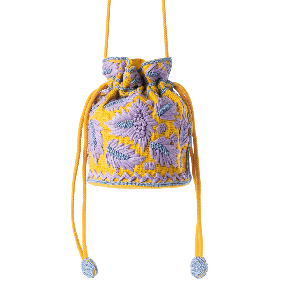 Myra Honey Vine Western Bucket Bag for Women in Yellow with embroidered detail