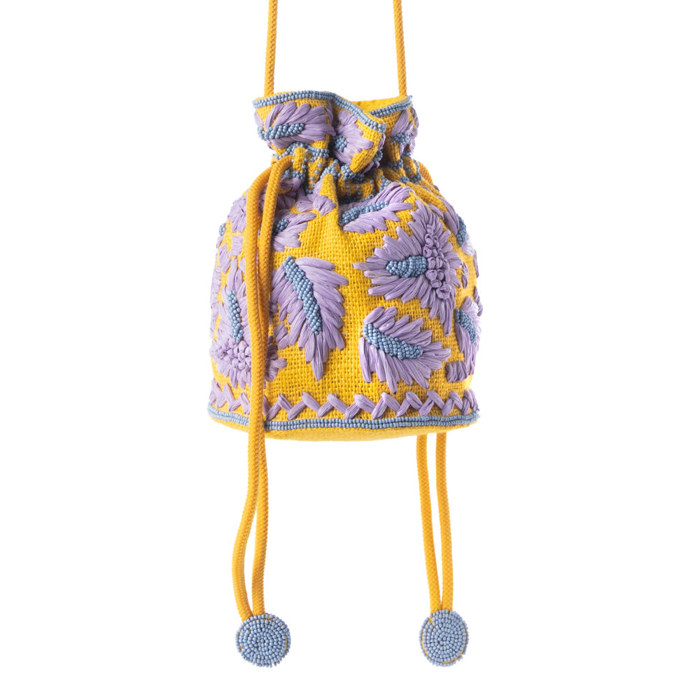 Myra Honey Vine Western Bucket Bag for Women in Yellow with embroidered detail