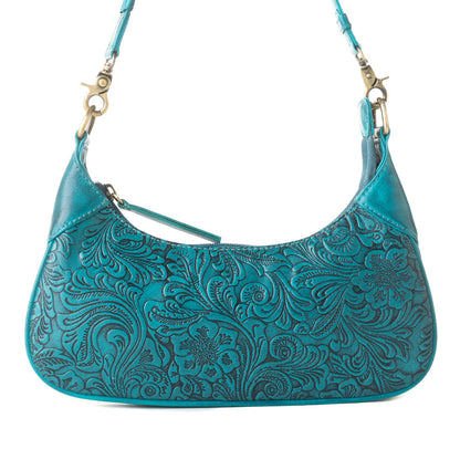Myra Heritage Vine Embossed Leather Bag for Women in turquoise with shoulder strap