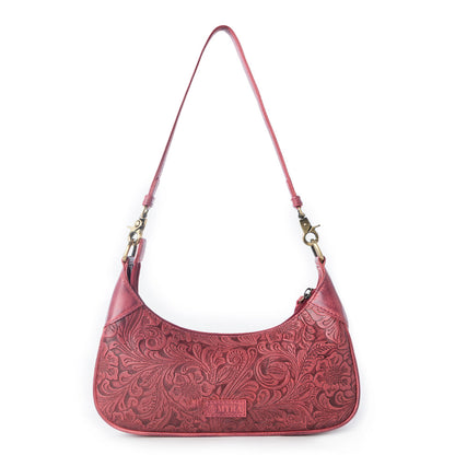 Myra Heritage Vine Embossed Leather Bag for Women in Red with shoulder strap