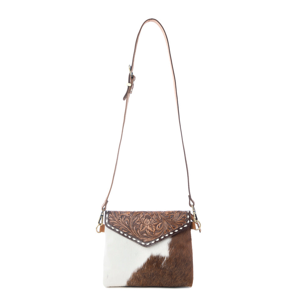 Myra Dune Lily Handtooled Hairon Leather Bag in Snowdrift Hide