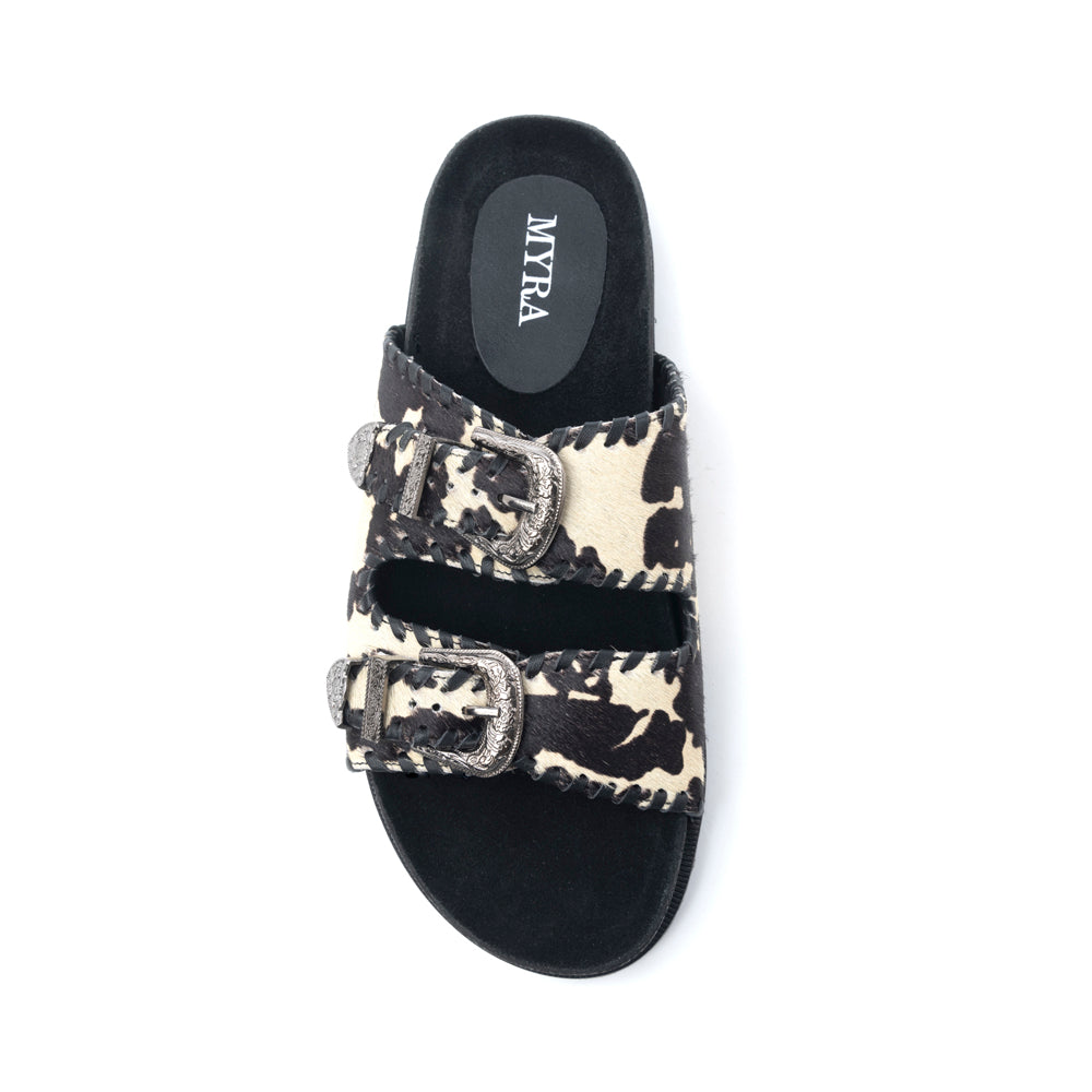 Myra Coyote Crest Hairon Leather Sandals in Vanilla White