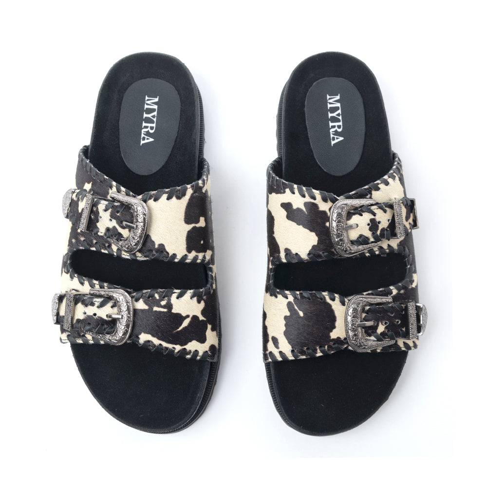 Myra Coyote Crest Hairon Leather Sandals in Vanilla White