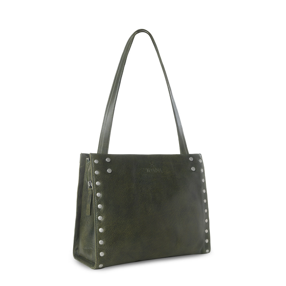 Myra Zidana Aria Amethyst Veg Tanned Leather Tote Bag in Dark Fern