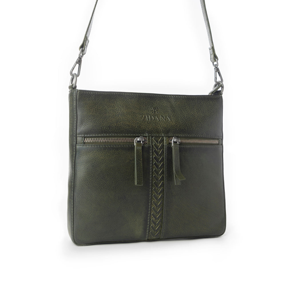 Myra Zidana El Paso Twin Veg Tanned Leather Crossbody Bag in Olive Grove