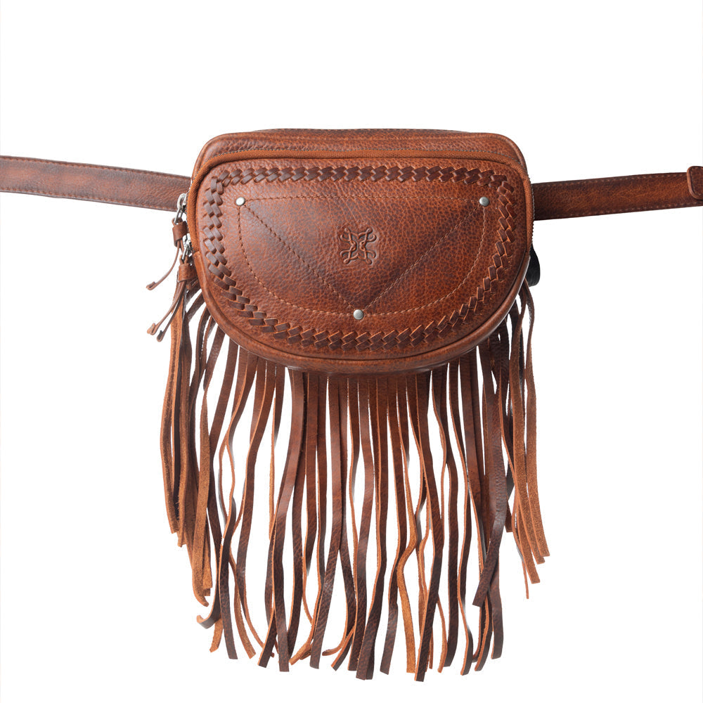 Myra Zidana Stormy Trails Fringed Veg Tanned Leather Bag in Vintage Ember