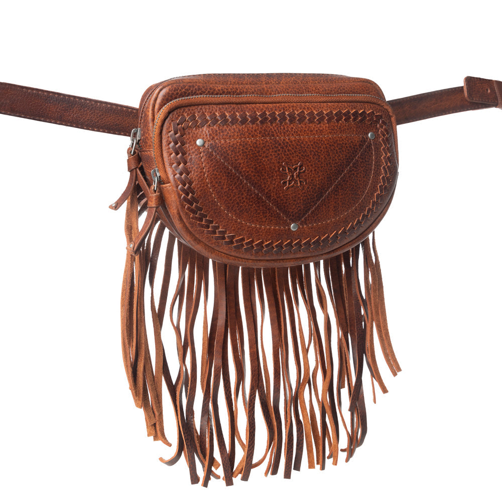 Myra Zidana Stormy Trails Fringed Veg Tanned Leather Bag in Vintage Ember