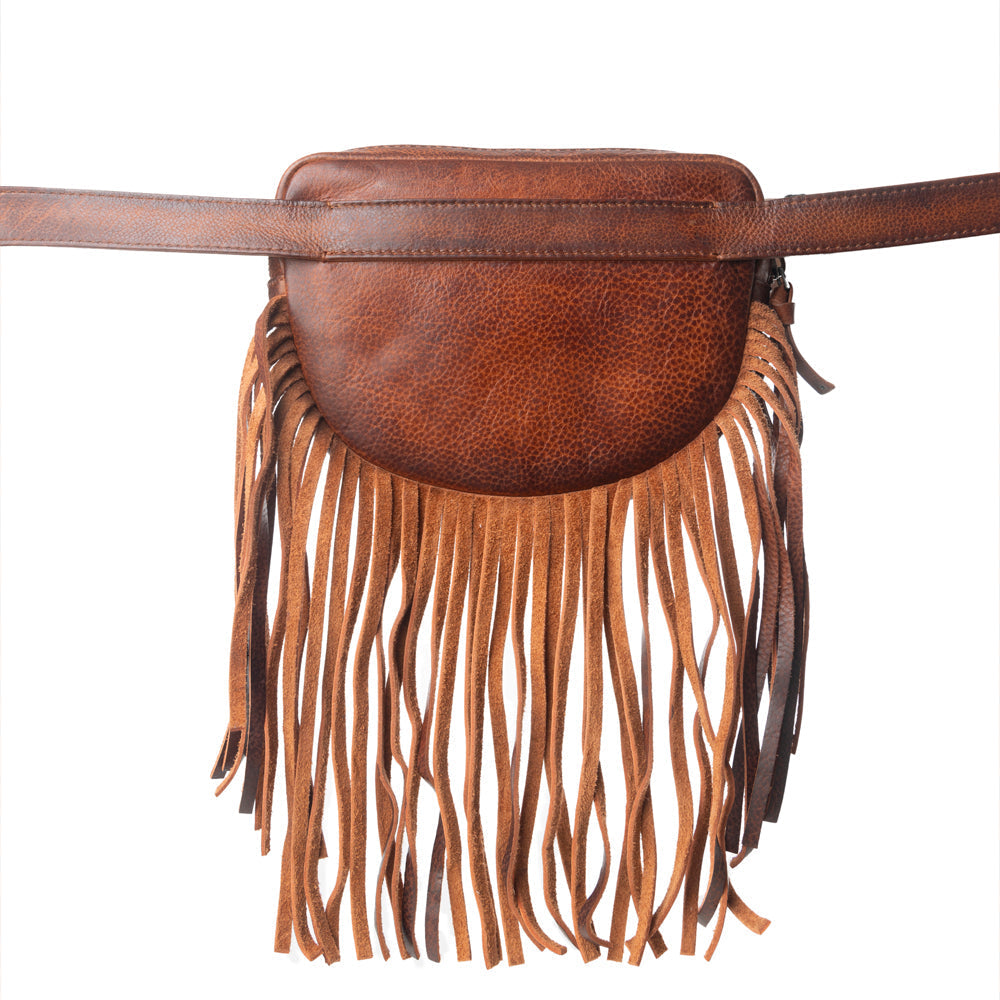 Myra Zidana Stormy Trails Fringed Veg Tanned Leather Bag in Vintage Ember
