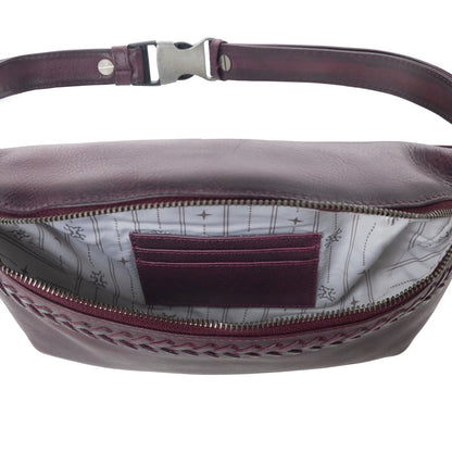 Myra Zidana Amarillo Handstitched Veg Tanned Leather Fanny Pack in Wildrose Plum