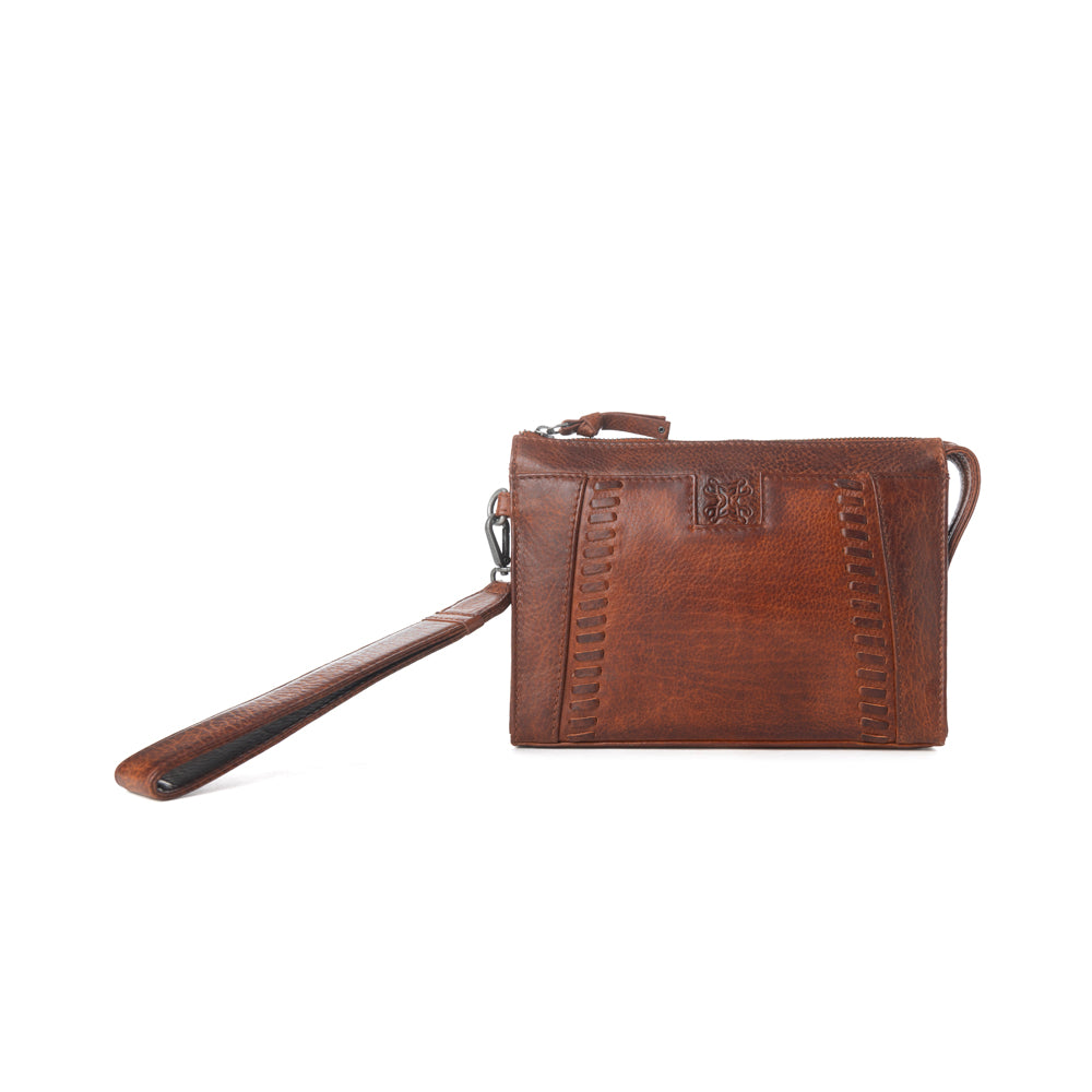 Myra Zidana Bandera Ridge Veg Tanned Leather Wristlet in Vintage Bourbon