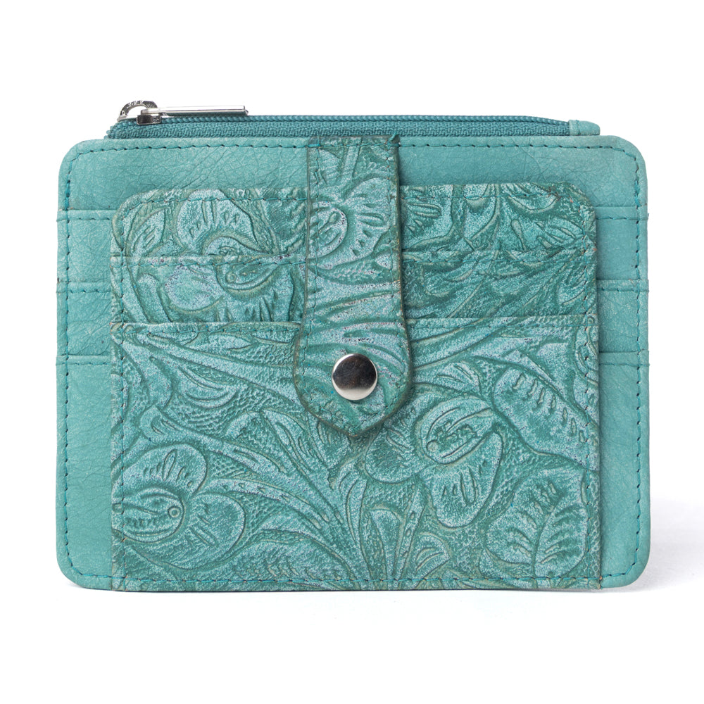 Myra Driftwood Cove Embossed Leather Credit Card Holder in Ocean Sage