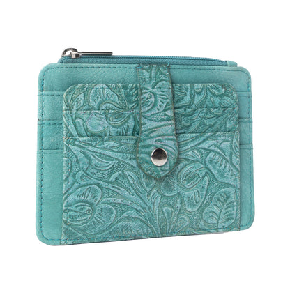Myra Driftwood Cove Embossed Leather Credit Card Holder in Ocean Sage
