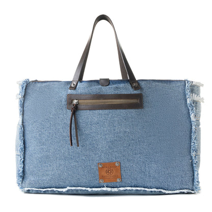 Myra Frayed Frontier Western denim Tote Bag for Women in denim blue with fringe detail