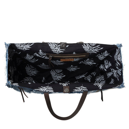 Myra Frayed Frontier Western denim Tote Bag for Women in denim blue with fringe detail