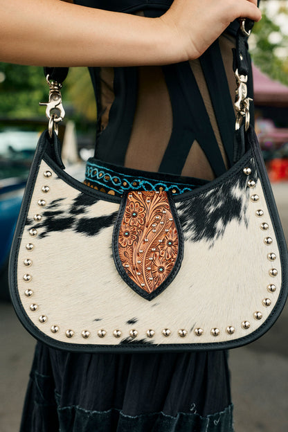 Myra Santa Fe Handtooled Bag for Women in Black with hairon and studded detail